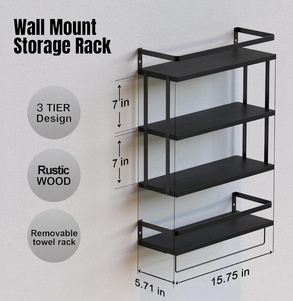 RICHER HOUSE 3+1 Tier Wall Mounted Floating Shelves Set of 2, Rustic Wood Wall Shelf with Metal Frame, Extra Storage Rack for Bathroom, Kitchen, Bedroom with Tissue Rack & Towel Bar - Black