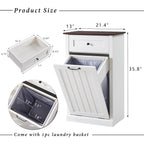 Tilt Out Trash Can Cabinet, 10 Gallon Farmhouse Laundry Hamper Cabinet with Drawer, Hidden Wooden Trash Garbage Can Bin with Storage Basket for Kitchen, Living Room (Antique White)