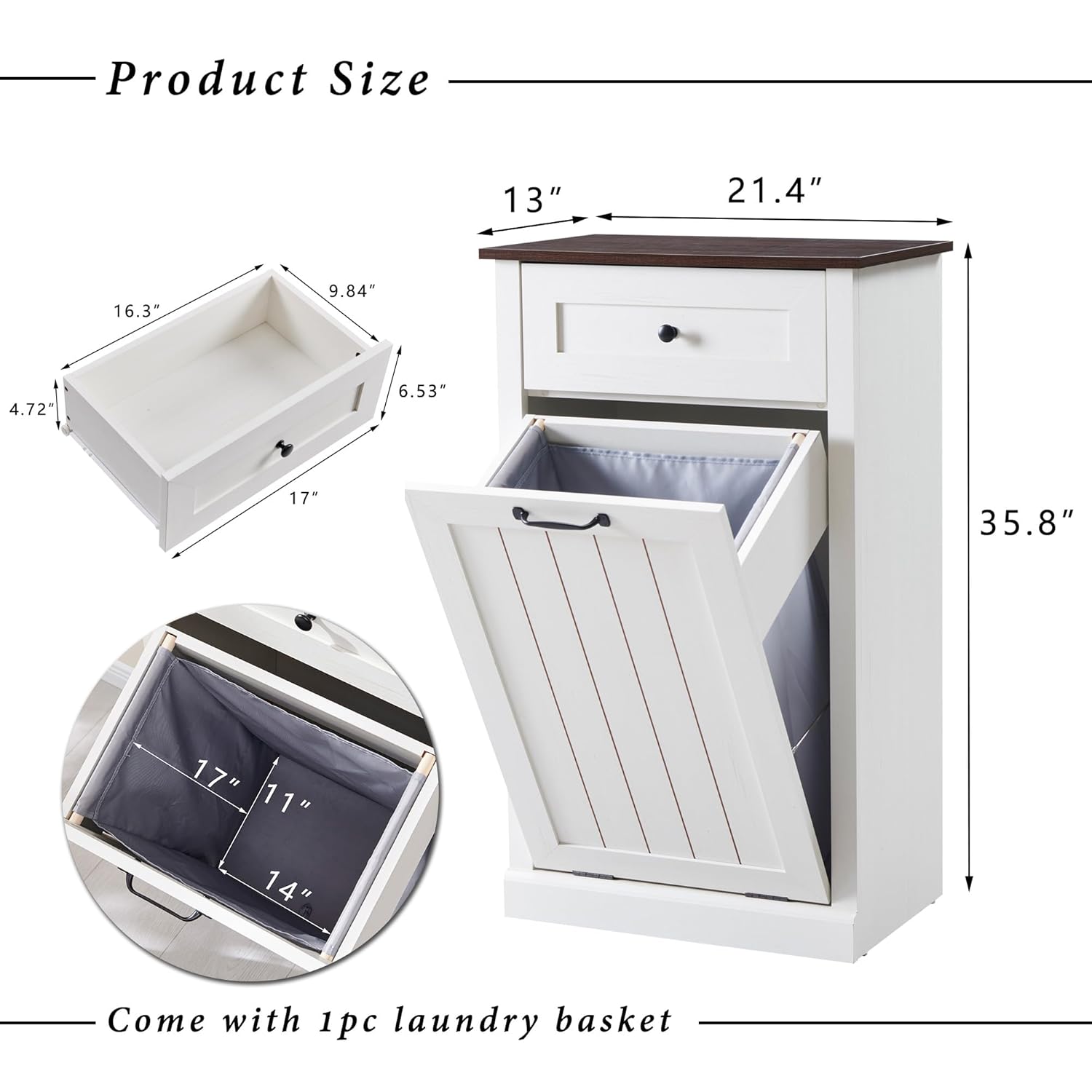 Tilt Out Trash Can Cabinet, 10 Gallon Farmhouse Laundry Hamper Cabinet with Drawer, Hidden Wooden Trash Garbage Can Bin with Storage Basket for Kitchen, Living Room (Antique White)