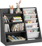 4 Tier Kids Bookshelf Wooden, Five Layer Sling Children Bookcase, Baby Toddler Storage Book Rack, Book and Toy Organizer Cabinet Chest, Book Display Shelf Stand, Playroom Nursery Classroom Library