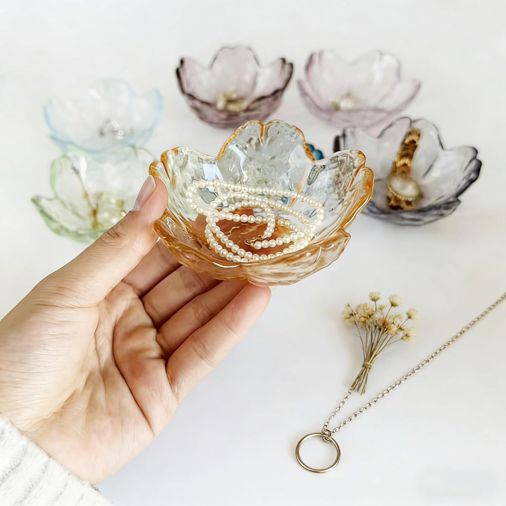 HIUSITY Flower Jewelry Dish, Ring Dish Tray,Decorative Cute Blue Glass Trinket Dish,Gift Ideas for Women,Small Gifts for Girlfriend Wife, Ring Holder, Earrings Dishs,Key Plate,Birthday Gift for Her