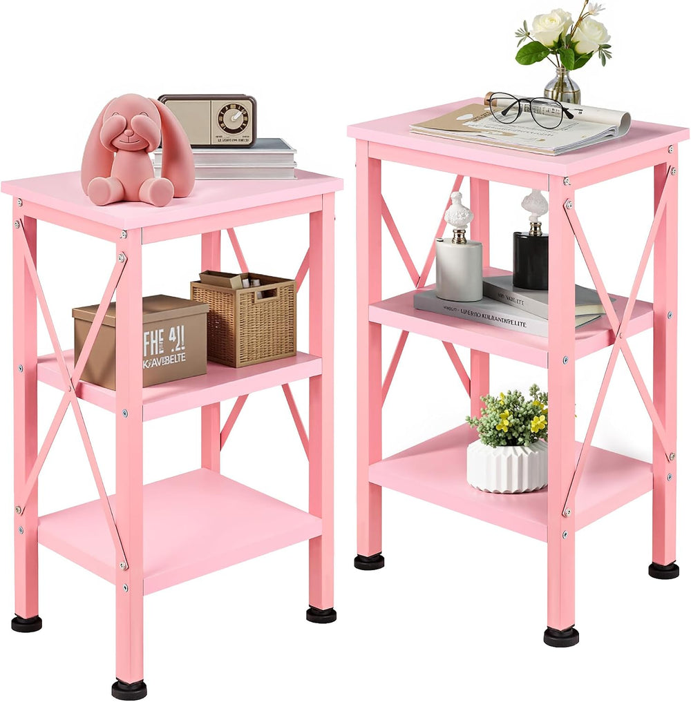 VECELO End Side Table Night Stand Set of 2,X-Design with Storage Shelf for Be...