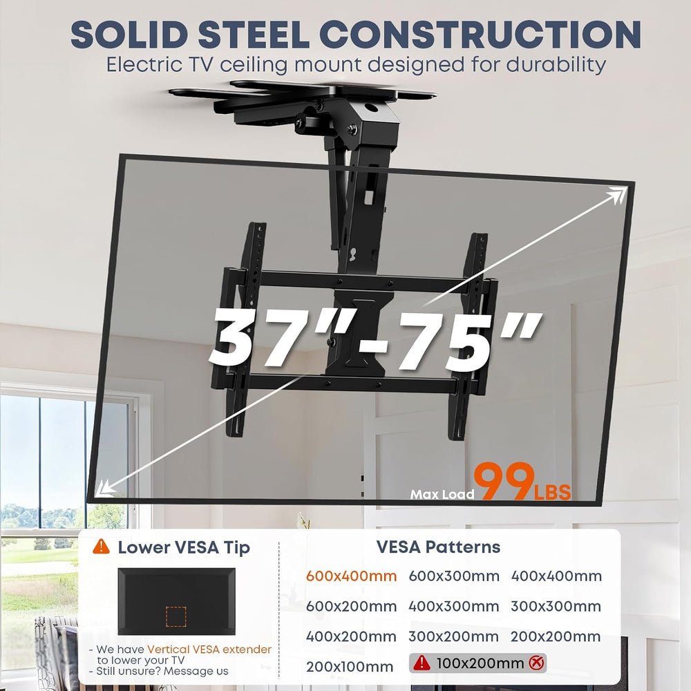 Motorized Ceiling TV Mount Flip Down with Remote for 37-75‘’ TVs, Black | Spa...