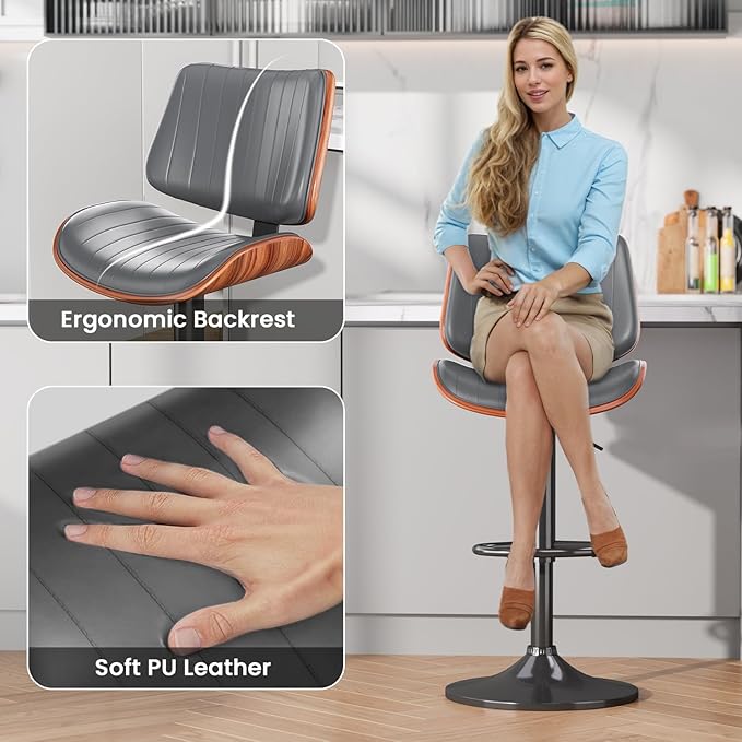 Swivel Bar Stools Set of 3, Adjustable Bentwood Barstools for Kitchen Counter, Modern PU Leather Upholstered Bar Chair with Back and Footrest, for Kitchen Island, Bar, Dining Room, Gray