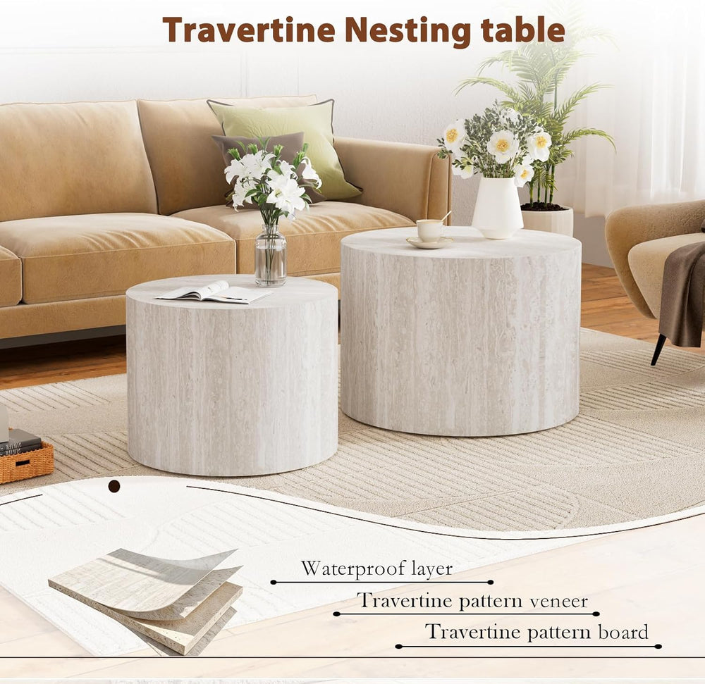 Travertine Round Nesting Coffee Table Set of 2 | Faux Travertine Drum Style W...