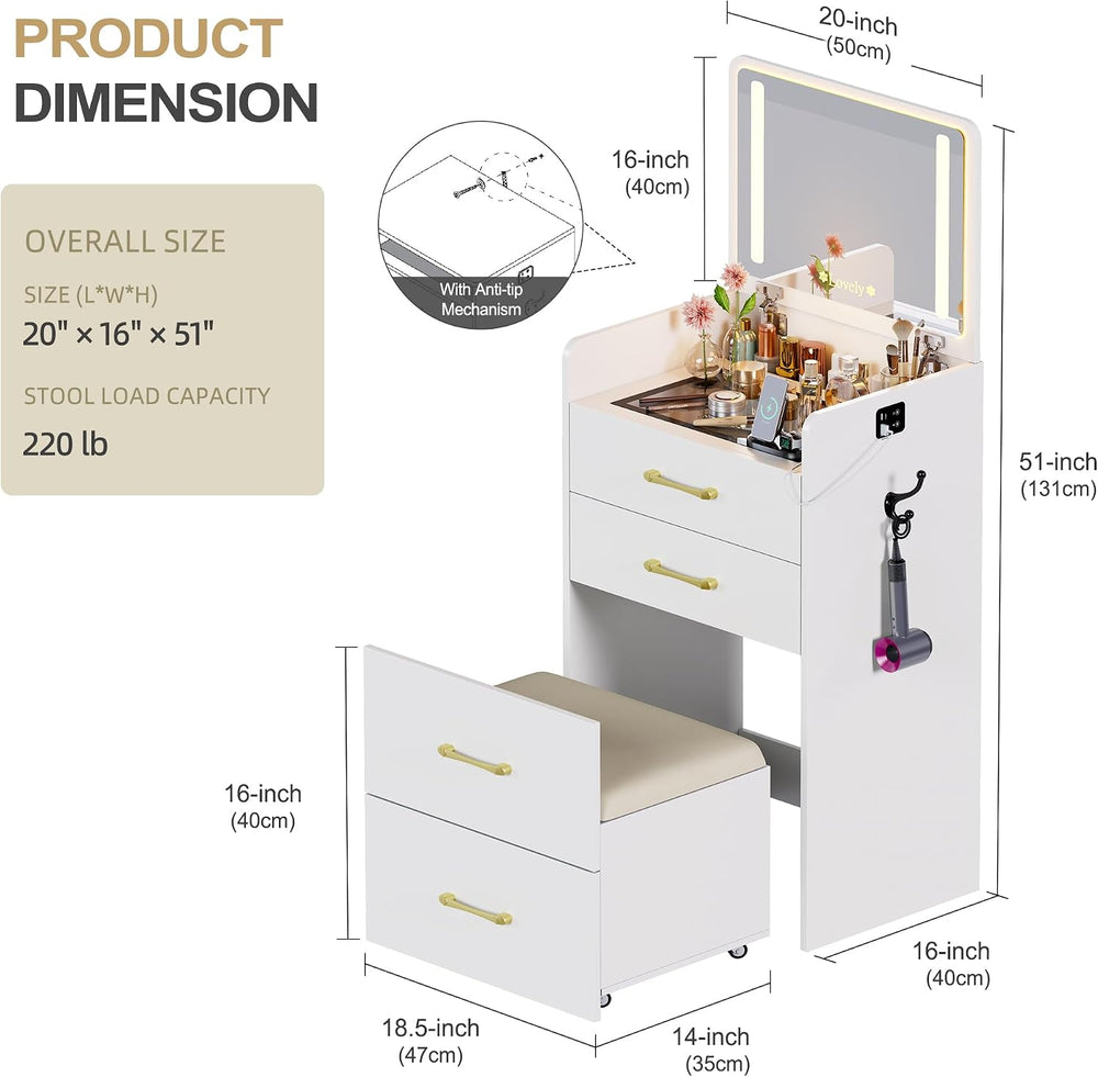 3 in 1 Vanity with Mirror and Sensor Lights,Charging Station,Pure White | Gla...
