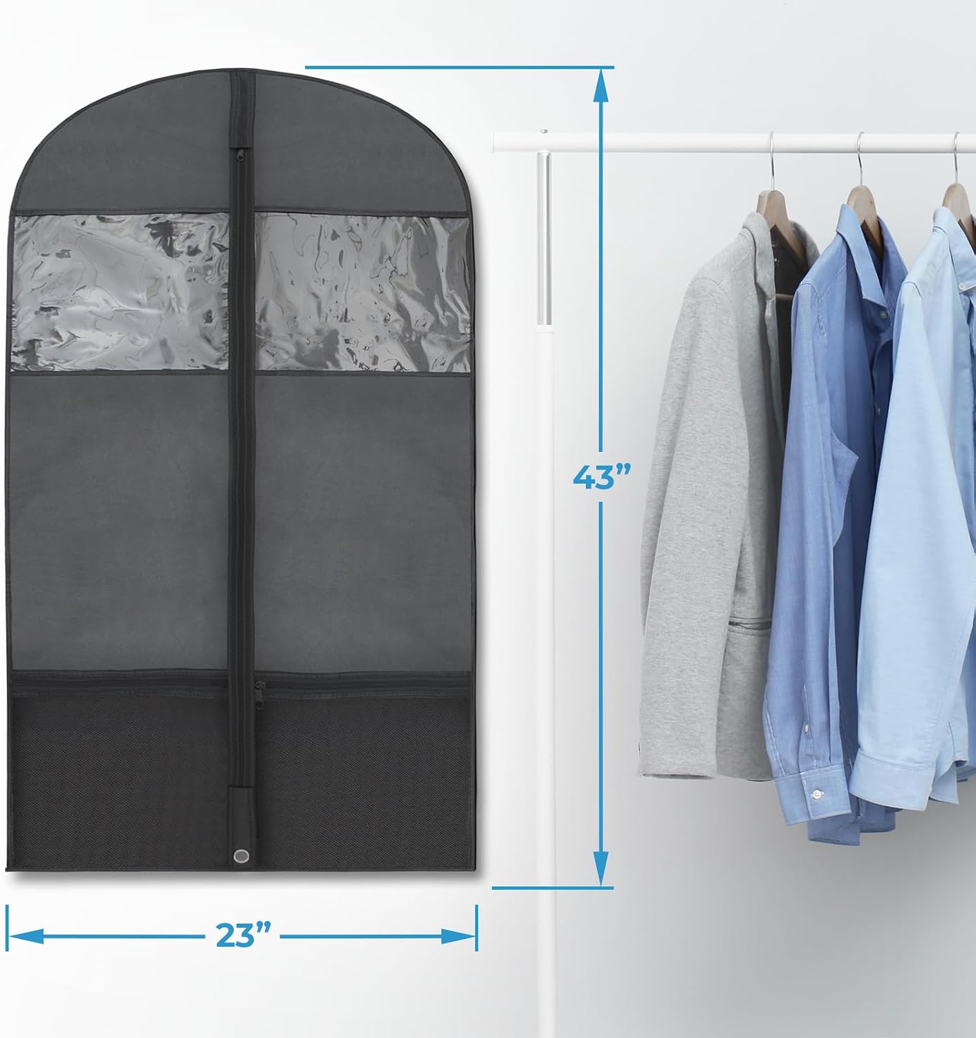 Plixio Garment Bags Suit Bag for Travel and Clothing Storage of Dresses, Dress Shirts, Coats— Includes Zipper and Transparent Window (Black - 2 Pack (No Gusset))