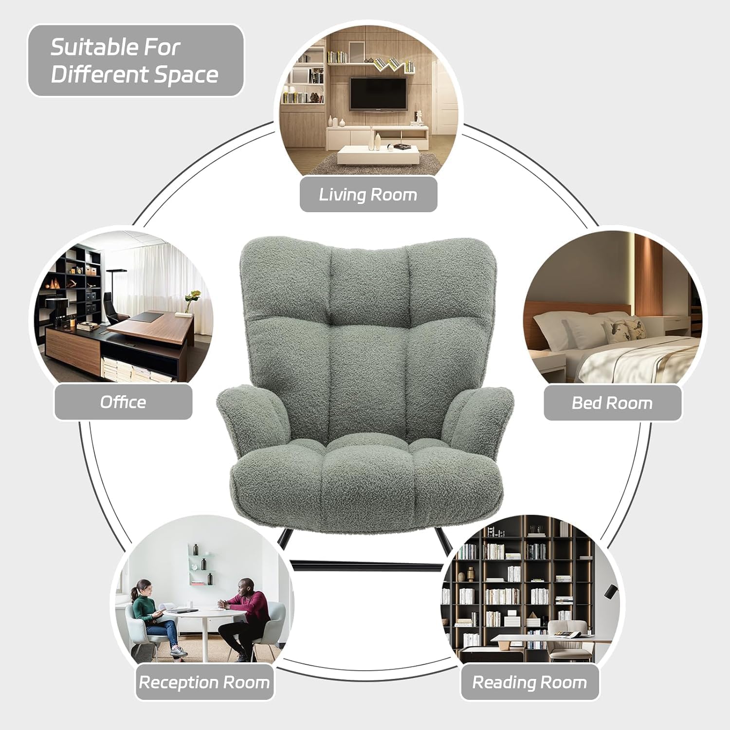 SAETSFEG Rocking Chair Nursery Teddy Upholstered Glider Rocker Rocking Accent Chair Padded Seat with High Backrest Armchair Comfy Side Chair for Living Room Bedroom Offices (Green Teddy)