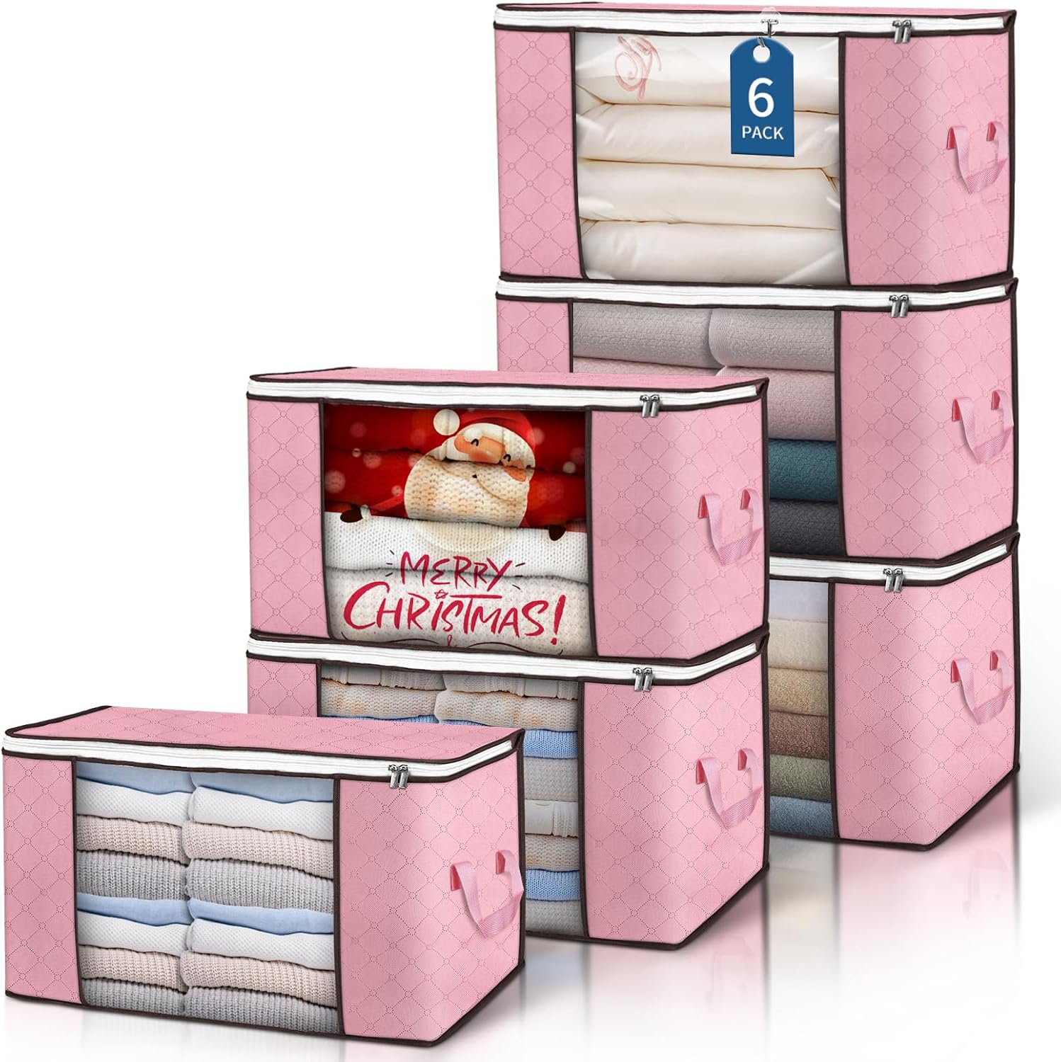 Budding Joy 90 L Large Storage Bags, 6 Pack Clothes Bins Foldable Closet Organizer Containers for Blanket, Comforters, Bed Sheets, Pillows (Pink)