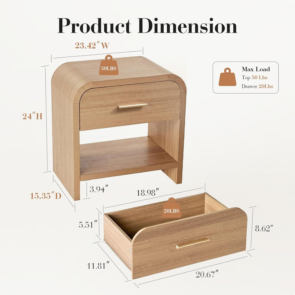 Night Stand Set of 2 [Unique Curved Profile] [FSC-Certified Wooden Board] 2-D...