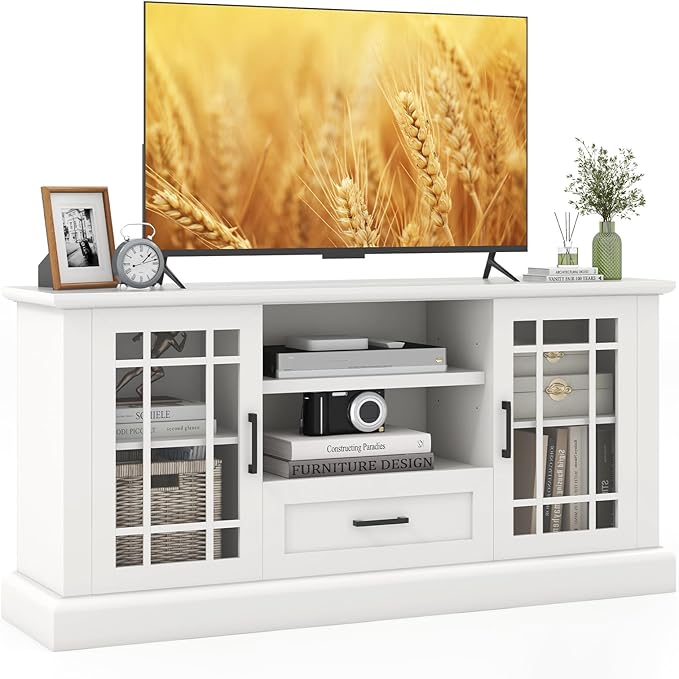 Tangkula Farmhouse TV Stand for TV up to 65 70 Inches, Tall Media Console Table with 2 Glass Storage Cabinets, 1 Drawer & 2 Open Shelves, Wooden Entertainment Center for Living Room (White)