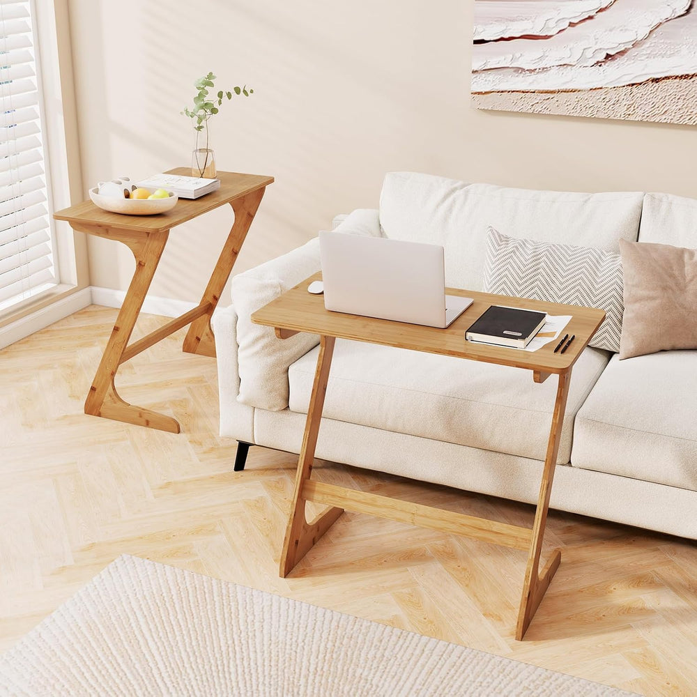 Giantex Bamboo TV Tray Table Set of 2, Z Shaped Sofa Side Table for Eating Sn...