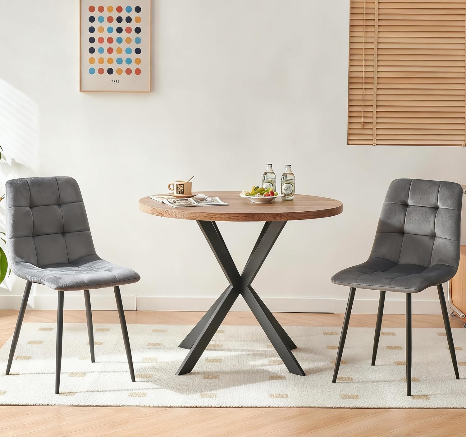 3 Piece Dining Table Set for Small Spaces - Round Kitchen Table Chairs Set of 2 with Gray Velvet Upholstered Chairs -Space Saving Dinette for Kitchen, Dining Room