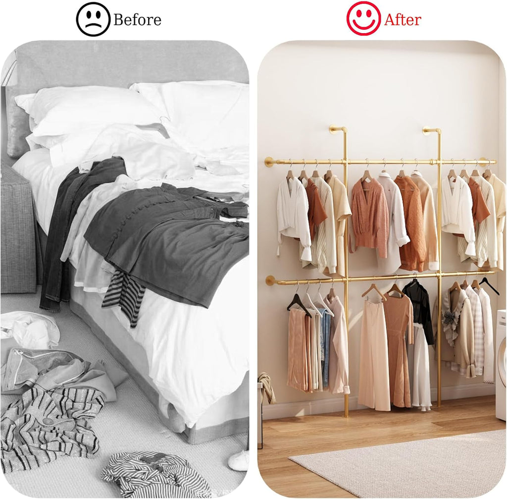 Gold Pipe Clothing Rack Wall Mounted, Industrial Pipe Clothes Racks with 6 Hanging Rods, Heavy Duty Clothing Racks for Laundry Room, Closet Systems for Walk in Closets