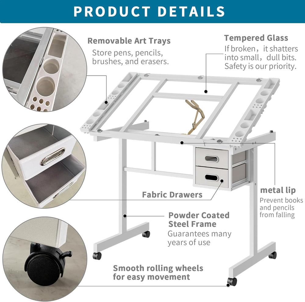 Rolling Drafting Table on Wheels, Painting Table Art Craft Desk Crafting Tabl...