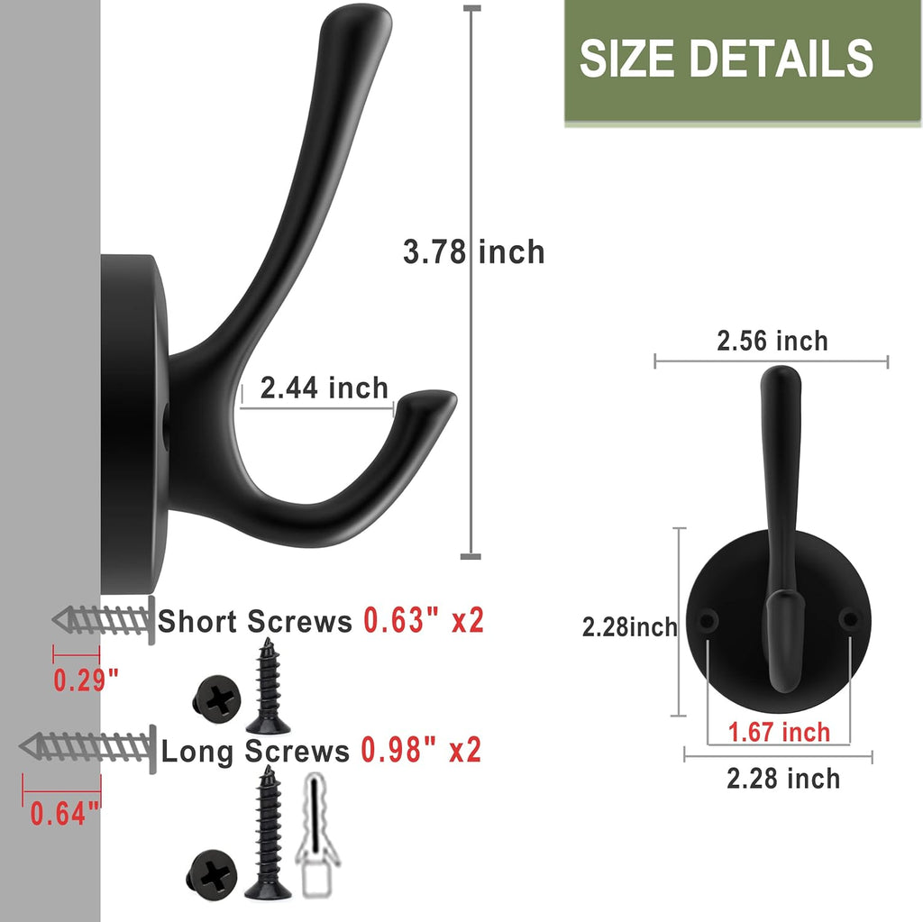 Black Wall Hooks Towel Hooks, 3 Pack Coat Hooks Robe Hook Heavy Duty Metal Double Bath Hook Wall Mounted, Hand Towel Hooks for Entryway Bathroom Kitchen Closet Garage