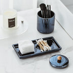 Qtip Holder Bathroom Set with Tray(3PCS) - 2 Piece 12 oz Blue Apothecary Jar Canister with Lid and 1 Pack Ceramic Vanity Tray