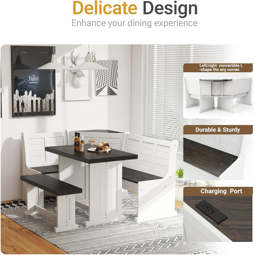 ENOR Solid Wood Breakfast Nook Table,Corner Dining Table Set for Dining Room