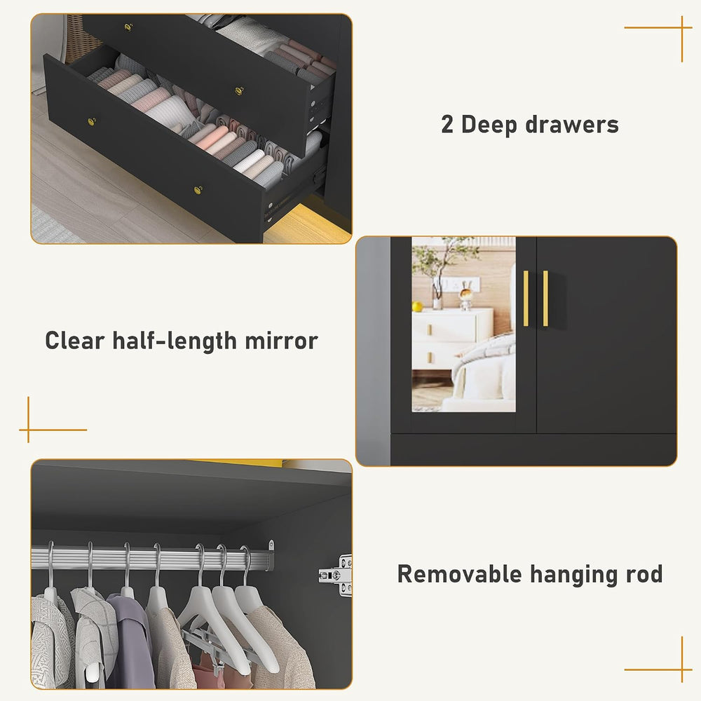 chartustriable 2 Doors Armoire Wardrobe Closet with Mirror, LED Closet with D...