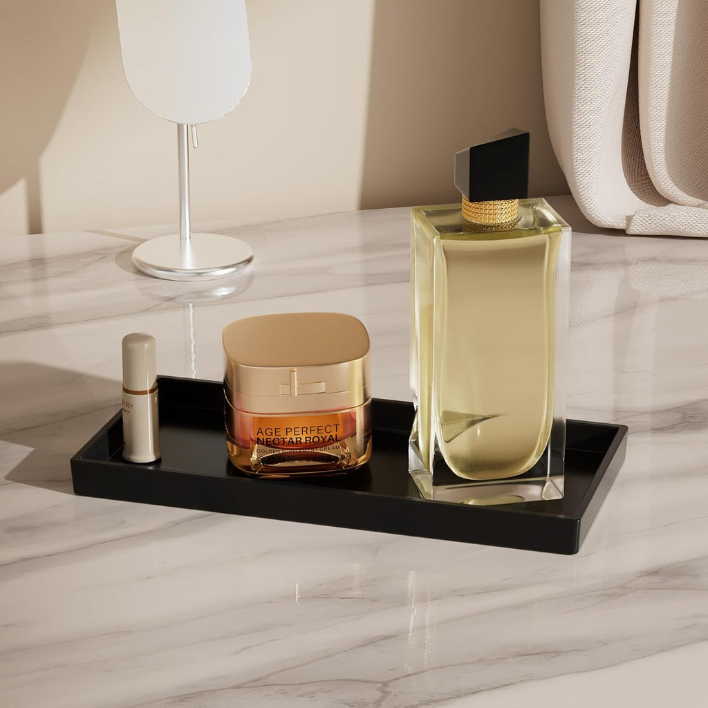 Vanity and Bathroom Tray, 9.8" ABS Countertop Organizer,Waterproof Vanity Tray for Toilet Tank,Perfume,Soap,Keys,Bathroom Accessories,Kitchen and Bath Trays,Non Slip Small Trays,Black,2 Pack