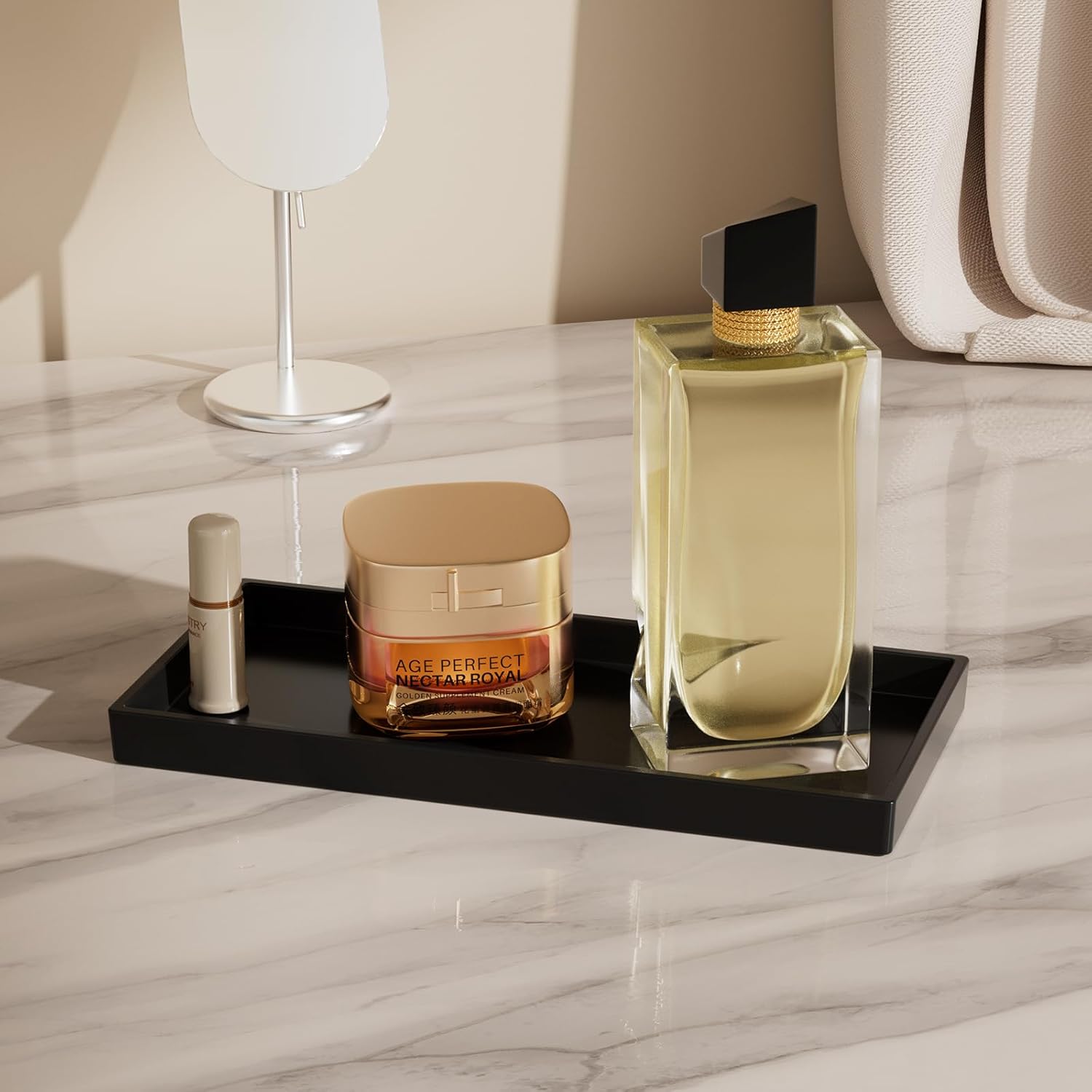 Vanity and Bathroom Tray, 9.8" ABS Countertop Organizer,Waterproof Vanity Tray for Toilet Tank,Perfume,Soap,Keys,Bathroom Accessories,Kitchen and Bath Trays,Non Slip Small Trays,Black,2 Pack