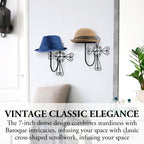 MyGift 2 Pcs Vintage Hat Holder Rack Wall Mount, Helmet and Large Brim Hat Holder, Hanging Black Metal Wig Display Dome, Scrollwork Cross Style