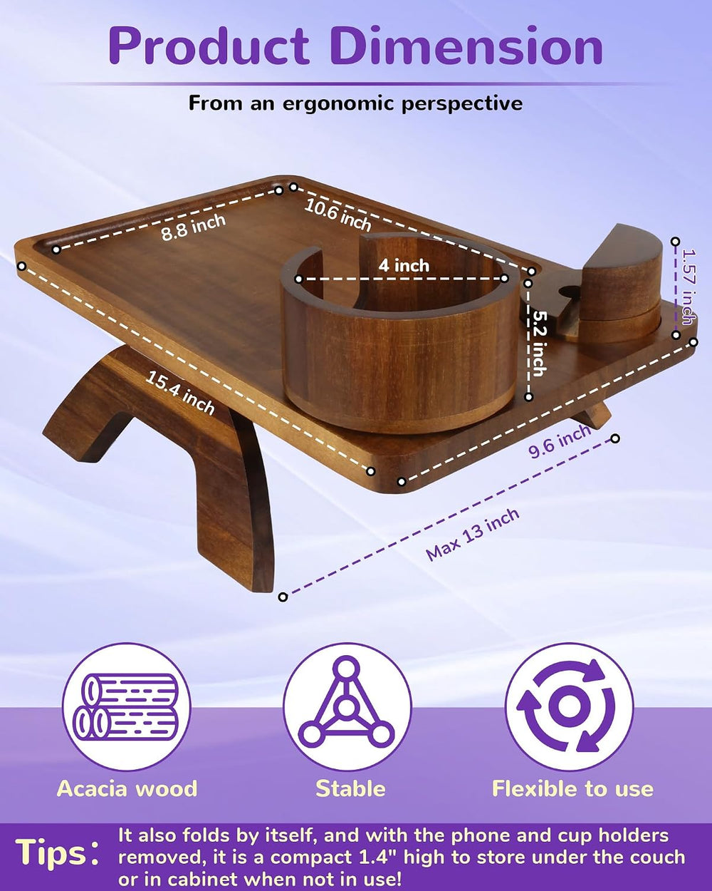 Couch Arm Tray Table with Oversized Cup Holder & Adjustable Phone Stand –...