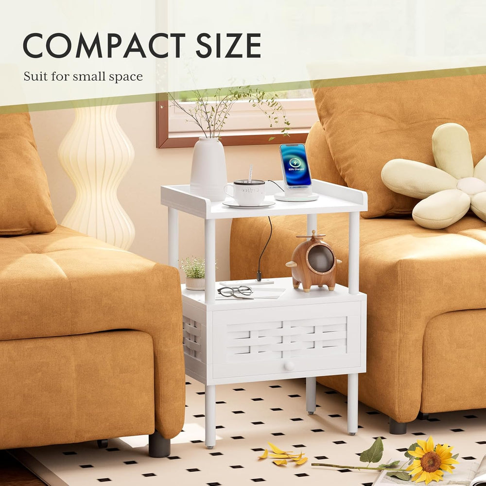 Amazer White Nightstand with Charging Station, Bamboo Night Stand for Bedroom...