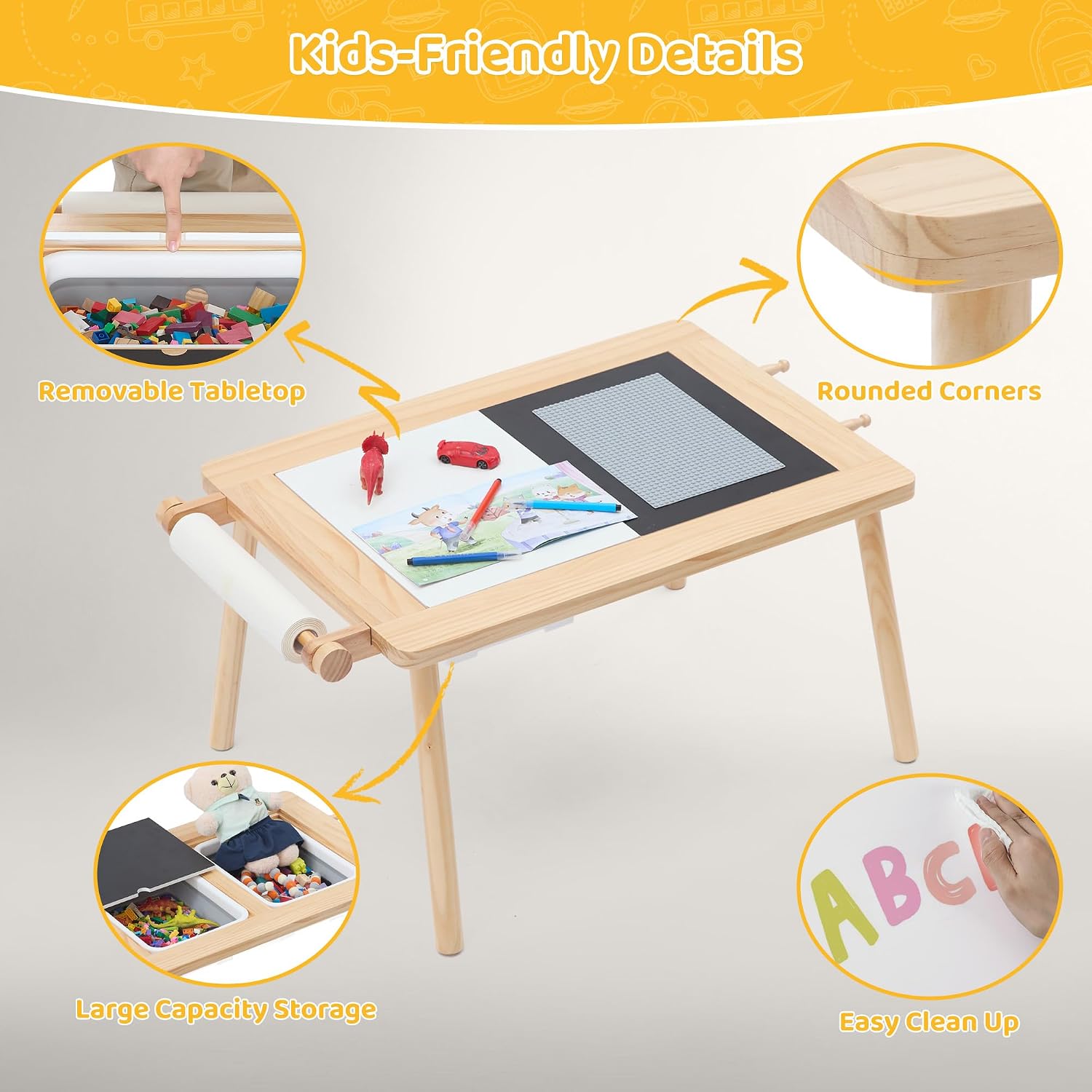 DOREROOM Sensory Toddler Table & Chair Set, Double-Side Graffiti, Natural | 2 Storage Bins & Roller holder, Sand & Water Tables with Building Block Base, For Playroom, Daycare, Classroom, Home, Ages 3+