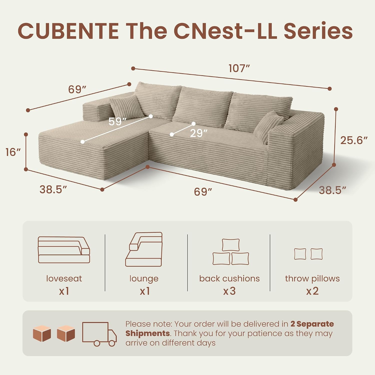 107" Oversized Boneless Couch, Left-Facing Modular Sectional Sofa | All Foam Floor Sofa with Deep Seat Chaise, Fluffy Corduroy Modern Couch No Assembly, Flexible Combination for Home | Oatmeal