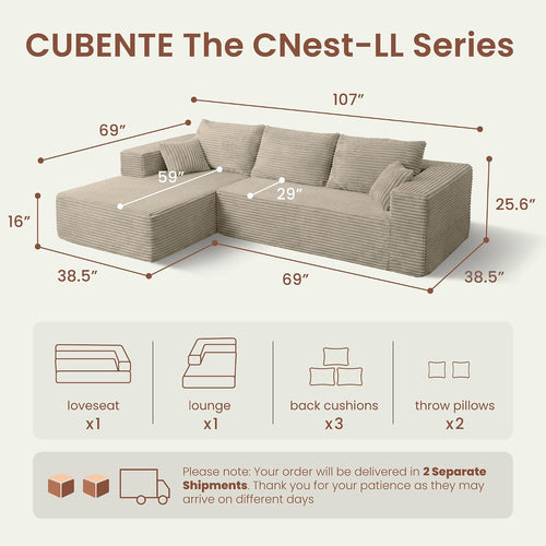 107" Oversized Boneless Couch, Left-Facing Modular Sectional Sofa | All Foam Floor Sofa with Deep Seat Chaise, Fluffy Corduroy Modern Couch No Assembly, Flexible Combination for Home | Oatmeal