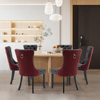 Leather Upholstered Dining Chairs Set of 8, Modern Style Kitchen Side Chairs with Nailhead Trim and Wood Leg, Metal Pulling Ring for Dining Room Living Room(Black&Wine Red)