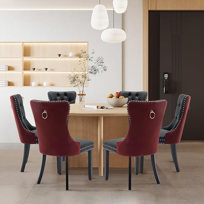 Leather Upholstered Dining Chairs Set of 8, Modern Style Kitchen Side Chairs with Nailhead Trim and Wood Leg, Metal Pulling Ring for Dining Room Living Room(Black&Wine Red)