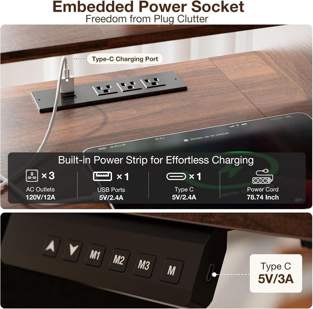 63x32″ Electric Standing Desk with 5 Drawers, Sit Stand Desk with Power Outlets, Monitor Shelf, RGB LED Lights and Cable Management, Height Adjustable 28.3"-47.2" for Home & Office, Walnut