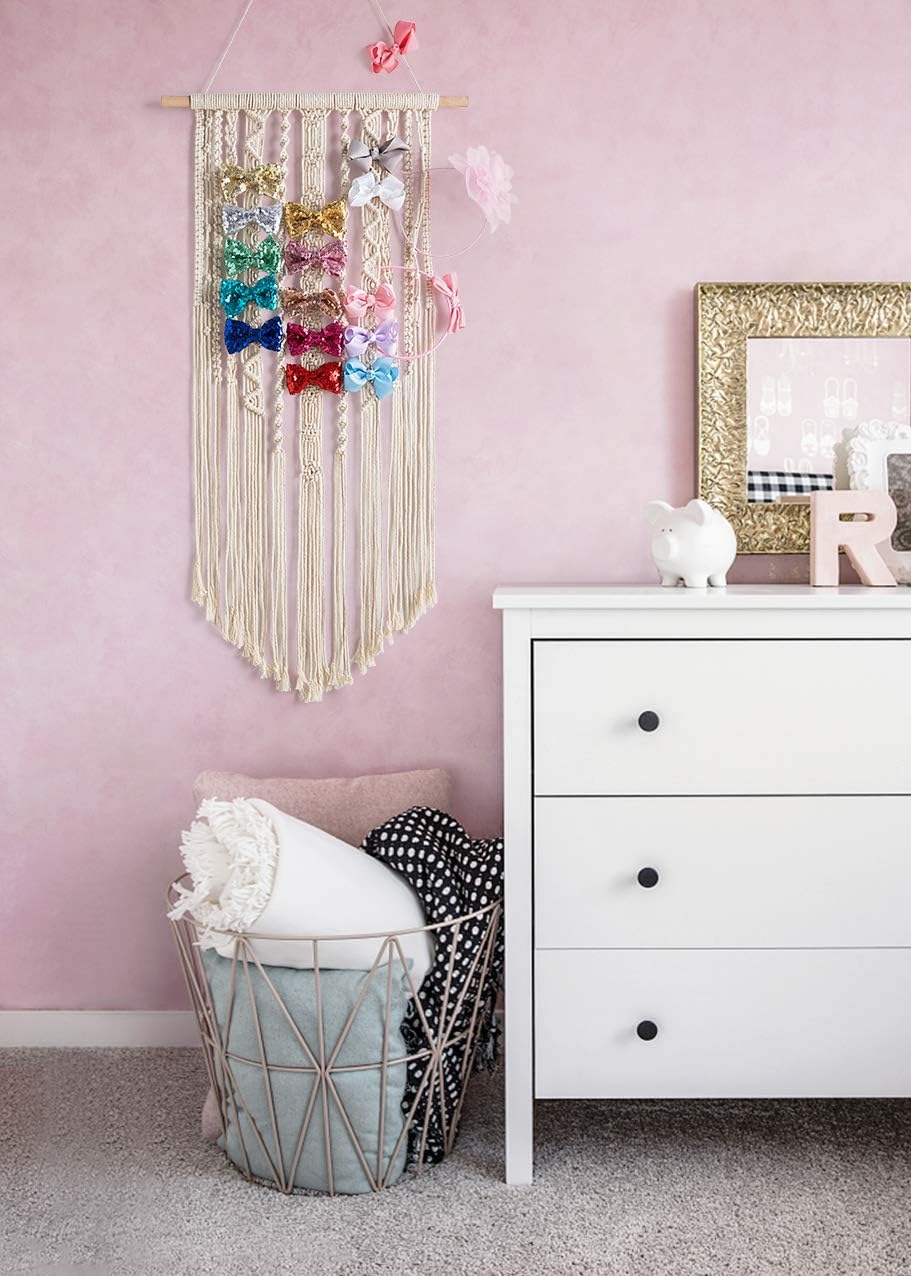 Mkono Macrame Bow Holder Hanging Hair Bow Organizer for Girls Hair Bows,Boho Wall Hair Clips Headband Storage Hanger for Baby Toddler Girls Room, Ivory (Clips and Other Props Not Included)