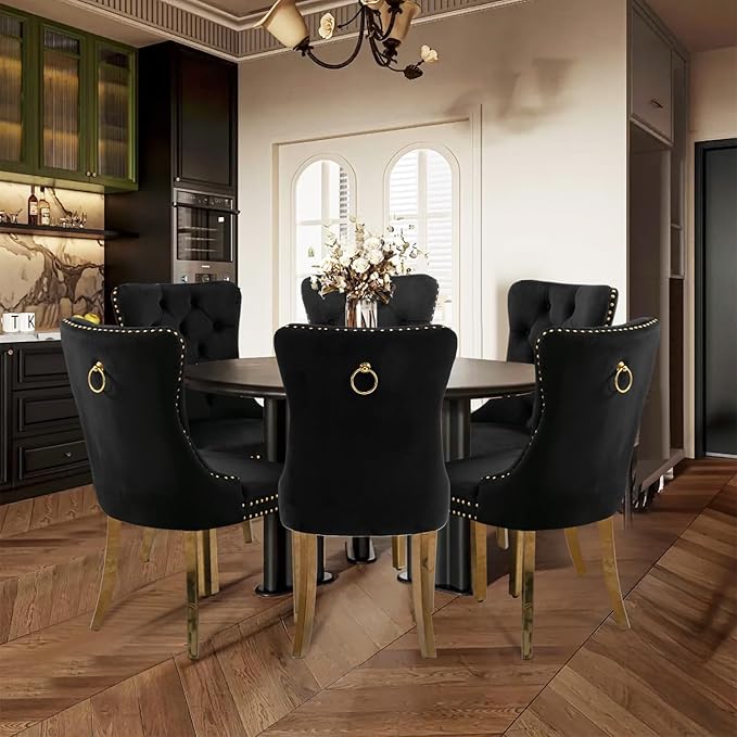 Velvet Upholstered Dining Chairs Set of 6, Modern Style Kitchen Side Chairs with Nailhead Trim and Gold Plated Leg, Metal Pulling Ring for Dining Room Living Room(Black, Set of 6)