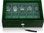 Watch Box for Men 10 Watches Storage Organizer Case, Smart Watch Display, Green Wood with Soft Suede Interior, Large Glass Window, Gift for Women and Man (10W-GR)