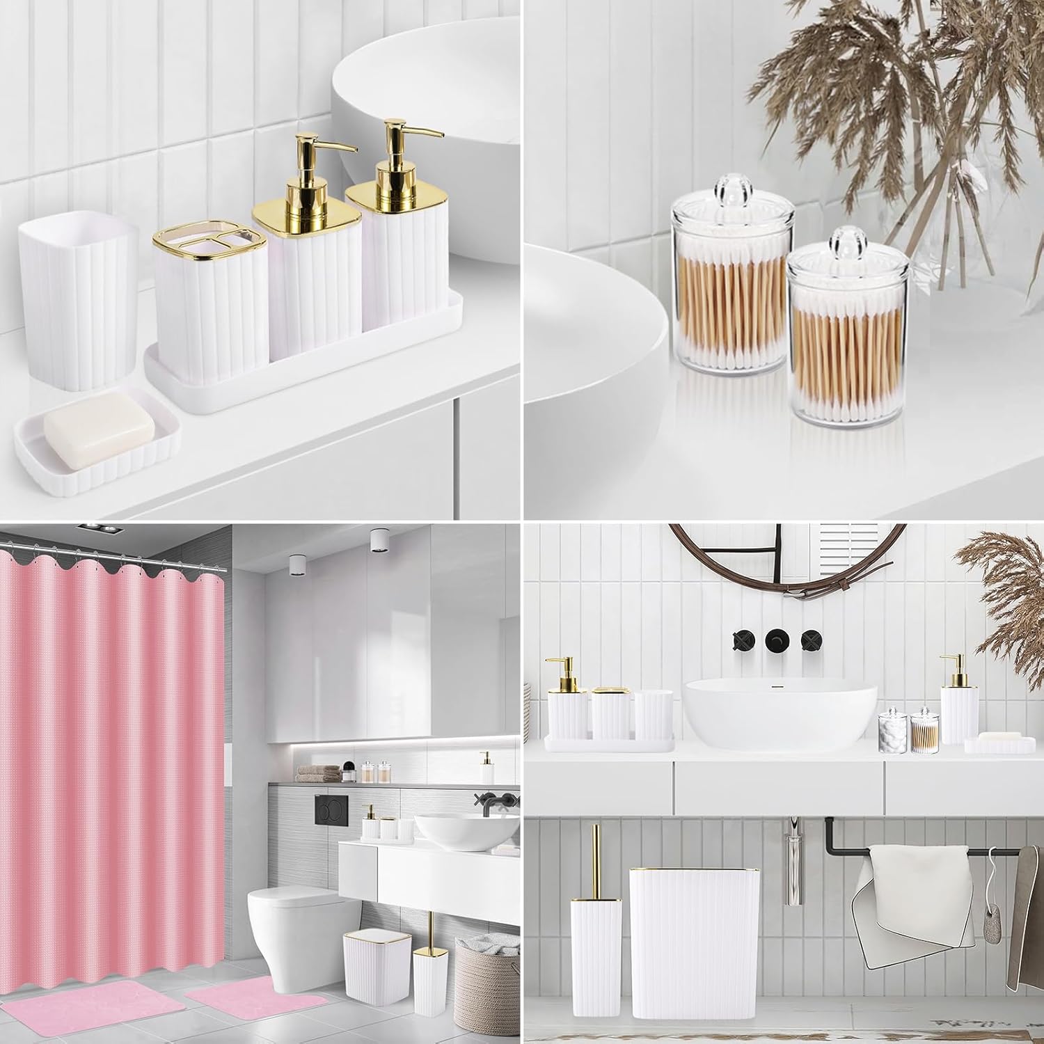 26PC Bathroom Set - Gorgeous White Bathroom Set, Bathroom Accessories Set, Pink Shower Curtain Set with Bathtub Mats for Shower Tub
