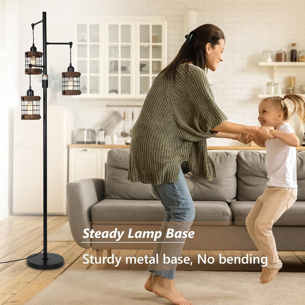 Dimmable Floor Lamps for Living Room, 3-Light Industrial Floor Lamp with Wood...