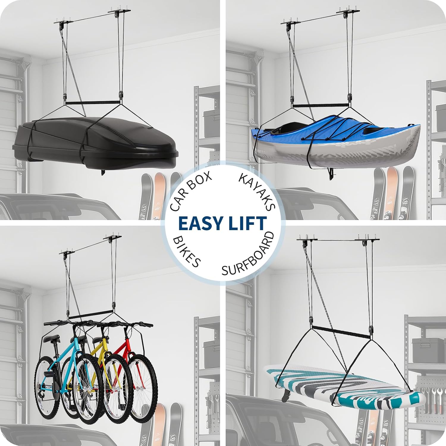 Garvee Heavy‑Duty Cargo Box Garage Pulley System, Ceiling Hoist Kit for 8–10 ft Ceilings, 150 Lbs Capacity with Dual Fixed‑Point Design, Adjustable Lifting Straps, Ideal Ceiling Mounted Storage Racks