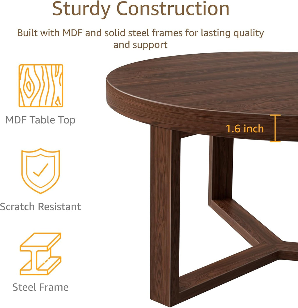 30 Inch Round Coffee Table with Stools - Small Modern Tables Set with 3 Chairs Ottomans Seating Seats Walnut Wood