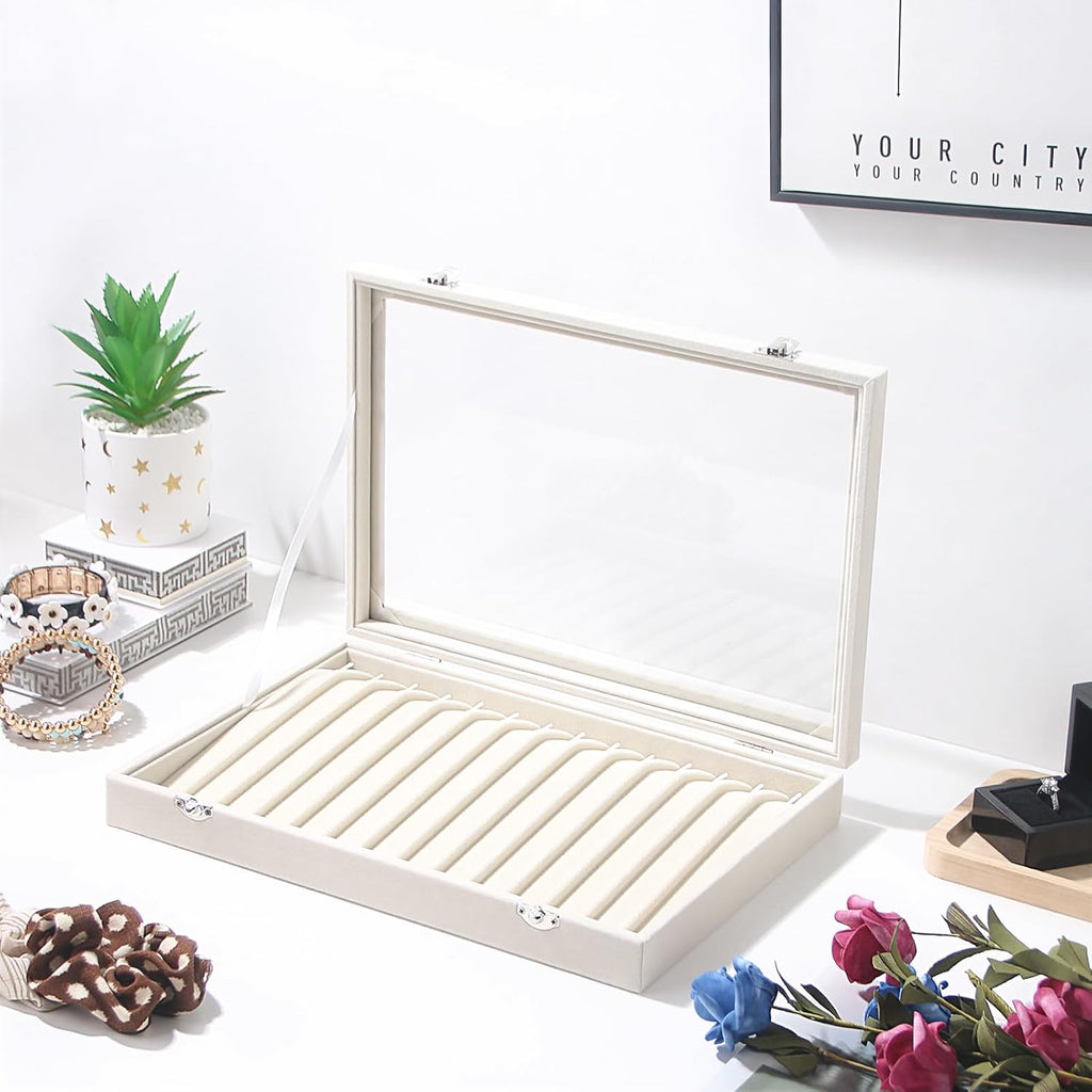 Coward 14 Hooks Necklace Storage Tray, Velvet Neckalce Organizer Box with Clear Lid, Pendant Chain Necklace Jewelry Organizer Drawer Tray for Women Girls (Beige)
