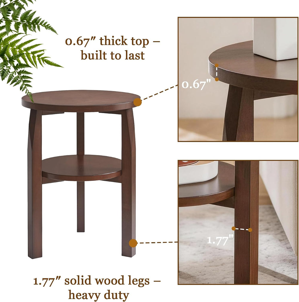 Round End Table, Solid Rubberwood 2-Tier Side Table with Open Storage Shelf, ...