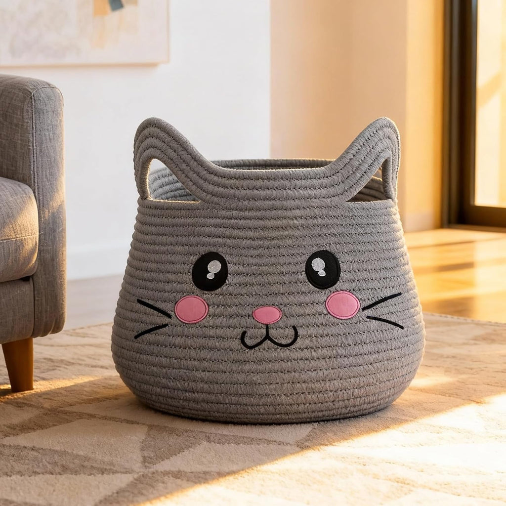 VK VK·LIVING Cat Storage Basket - Large Woven Cotton Rope Toy & Laundry Organizer with Handles for Nursery, Bedroom, Living Room, Holds Blankets, Clothes, Toys (15”D x 14”H)
