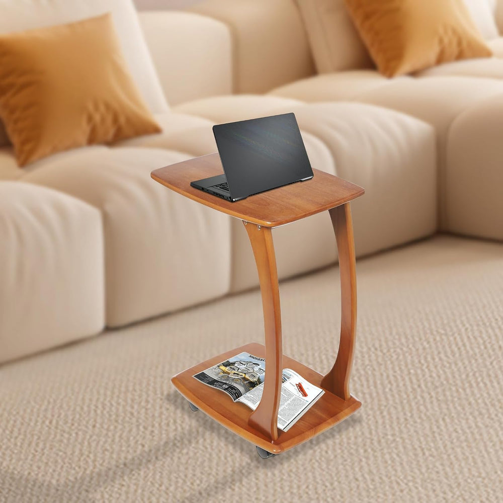 Solid Wood End Table with Rolling Wheels, C Shaped Side Table, TV Tray Table ...