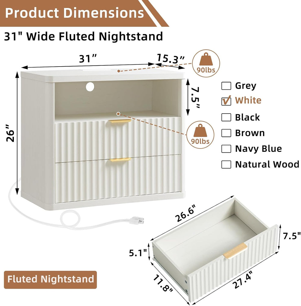 LEYAOYAO 31" Wide Fluted Nightstand Set of 2 with Charging Station, Over...