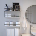 RICHER HOUSE 2+1 Tier Wall Mounted Floating Shelves Set of 2, Rustic Wood Wall Shelf with Metal Frame, Extra Storage Rack for Bathroom, Kitchen, Bedroom with Tissue Rack & Towel Bar - White