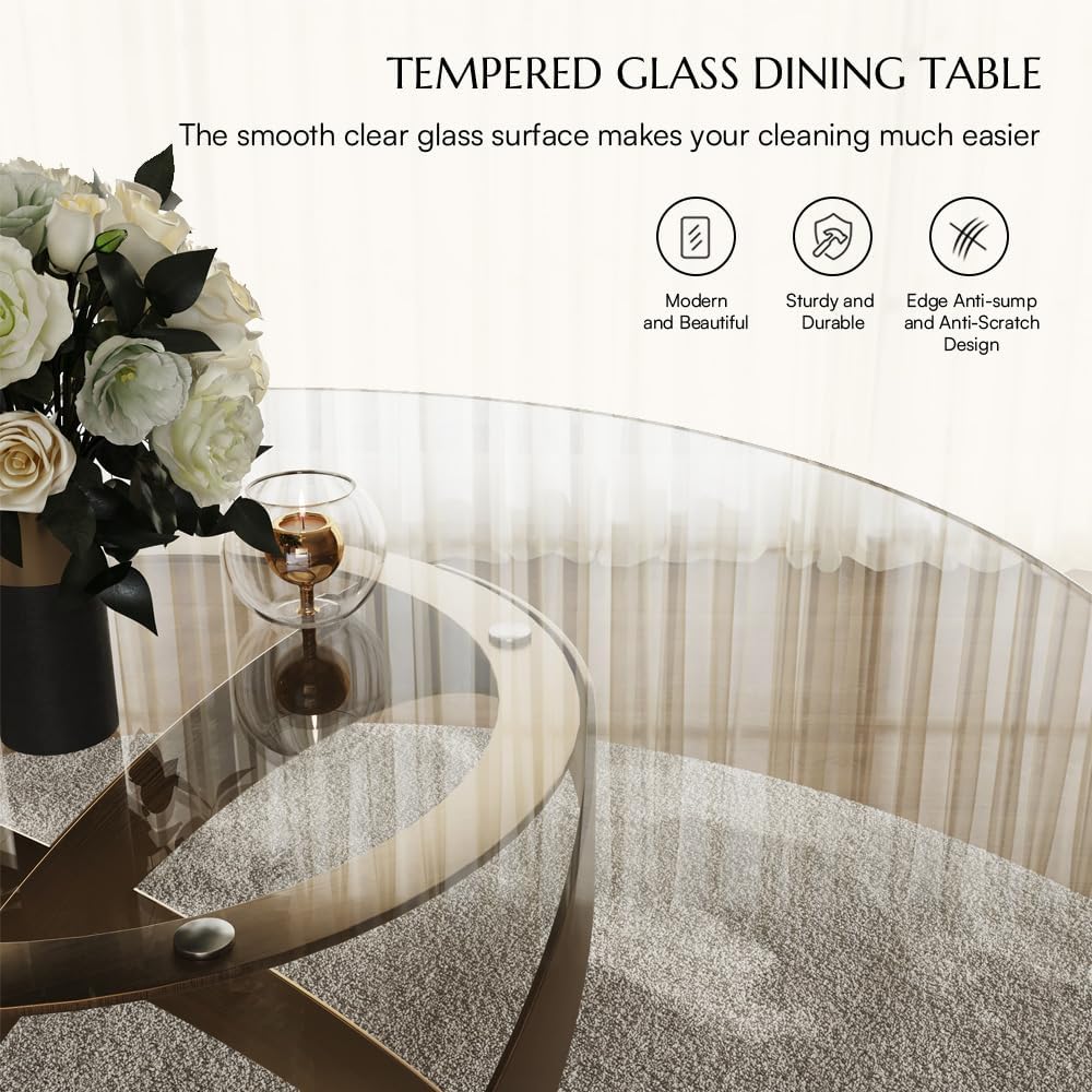 POVISON 51" Modern Round Dining Table, Glass Round Kitchen Table for 4, ...