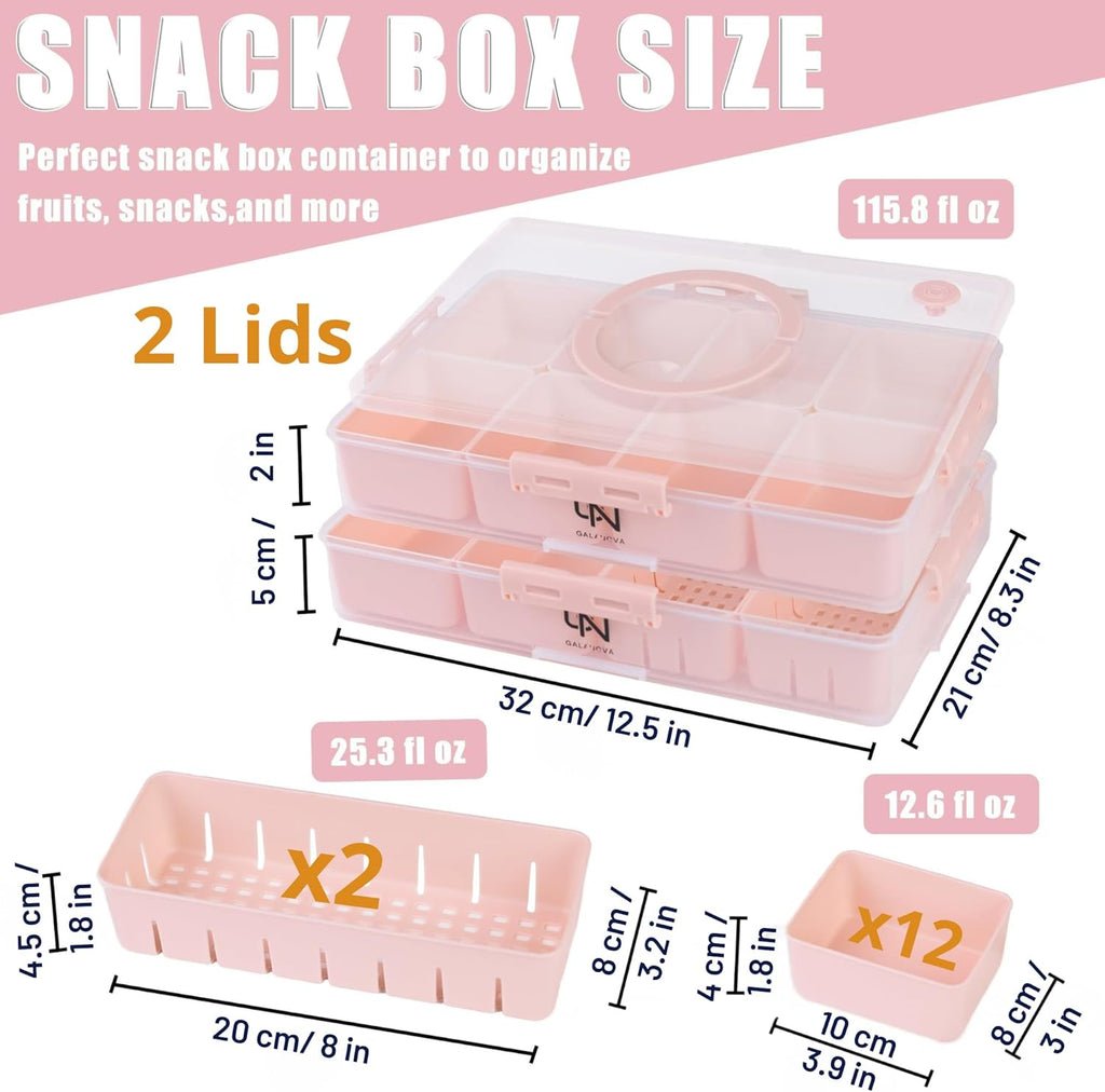Stackable Snackle Box Container with 2 Lids, 14 Compartments - BPA-Free Snackle box Organizer, Dishwasher & Microwave Safe Reusable Snacklebox for Veggies, Fruits, Charcuterie, Snacks (Pink, 2 Pack)