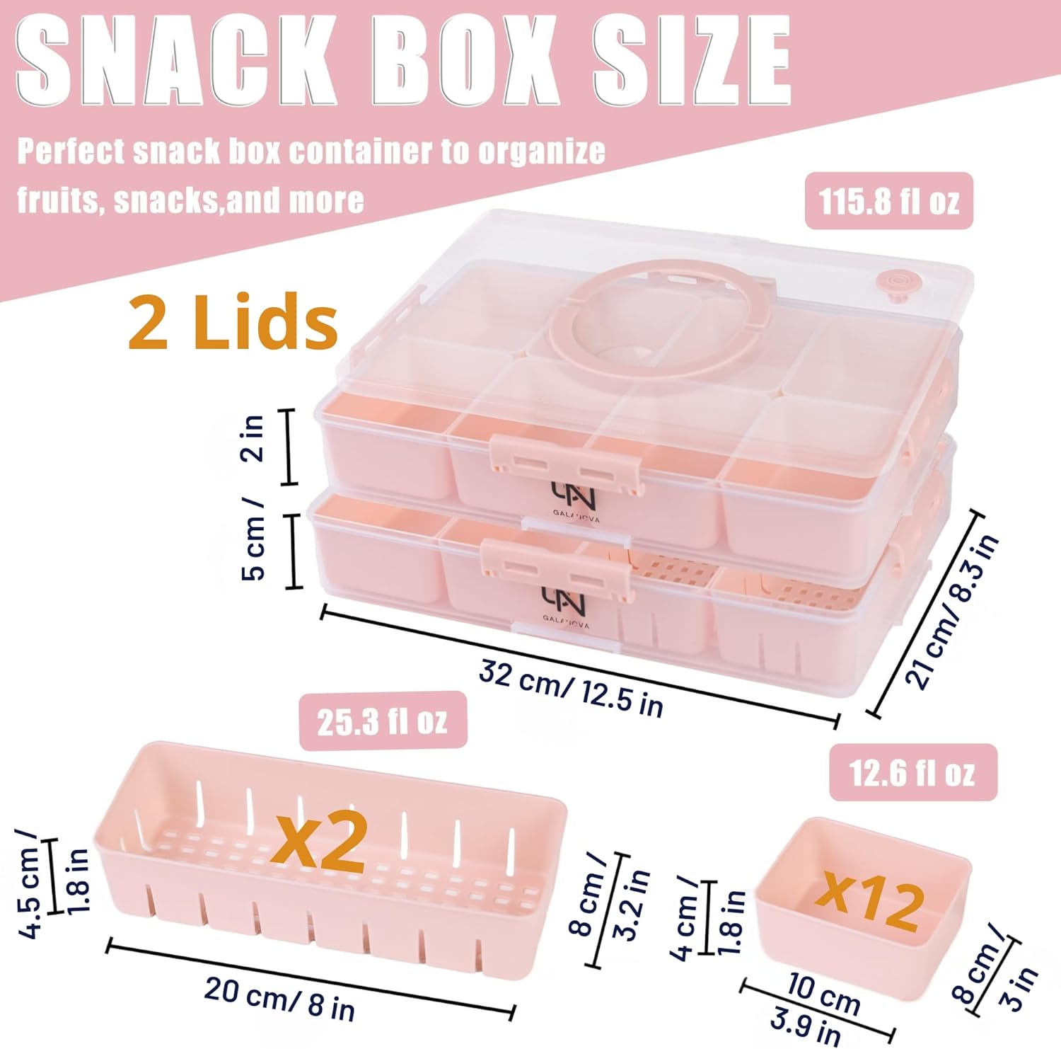 Stackable Snackle Box Container with 2 Lids, 14 Compartments - BPA-Free Snackle box Organizer, Dishwasher & Microwave Safe Reusable Snacklebox for Veggies, Fruits, Charcuterie, Snacks (Pink, 2 Pack)